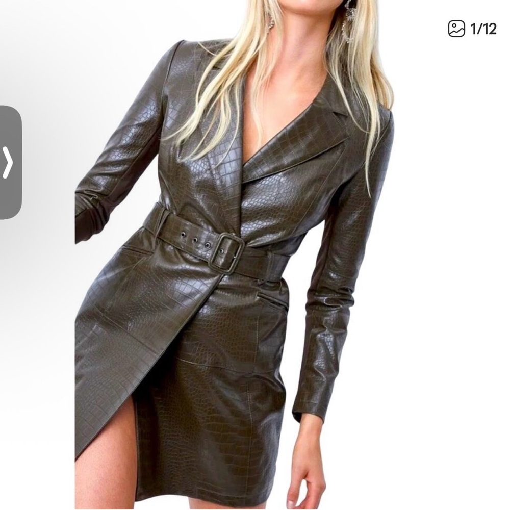 French Connection Dark Olive Brown Textured Belted Blazer Dress
